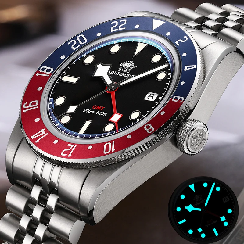 

ADDIESDIVE GMT Watch Men Swiss Landa 515-24H Quartz 200M Waterproof Mineral Glass BGW9 Luminous Steel Strap Dive Watch AD2044