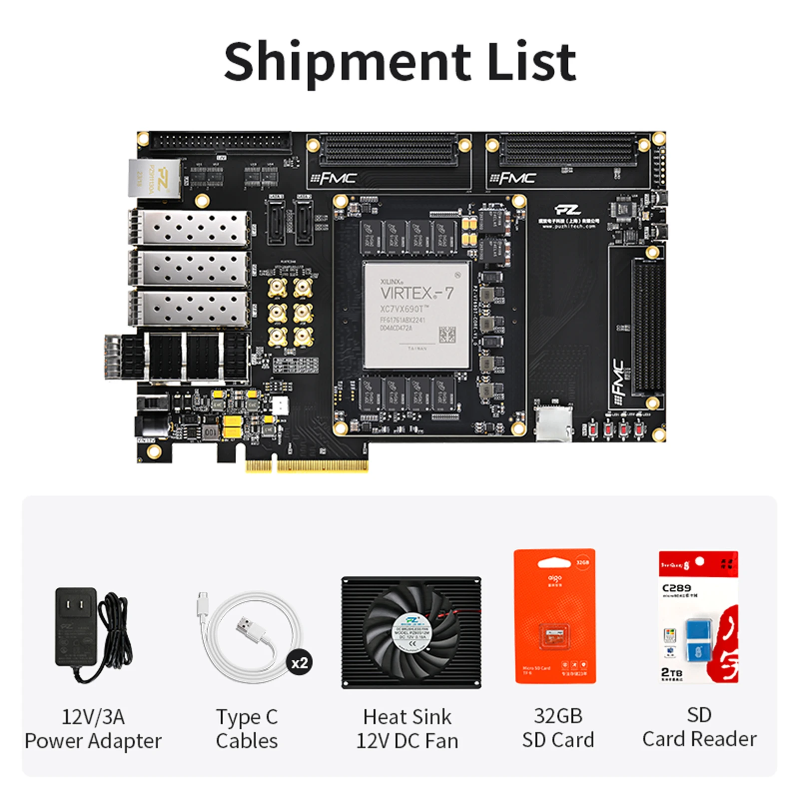 Placa de desenvolvimento Puzhi V7690T FPGA Xilinx Virtex-7 XC7V690T FMC PCIE 40G QSFP28