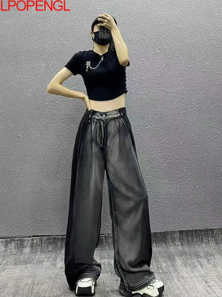 

New Punk Style Black And Gray Color Blocked Casual Button Jeans Women's Summer New High Waisted Loose Versatile Straight Pants