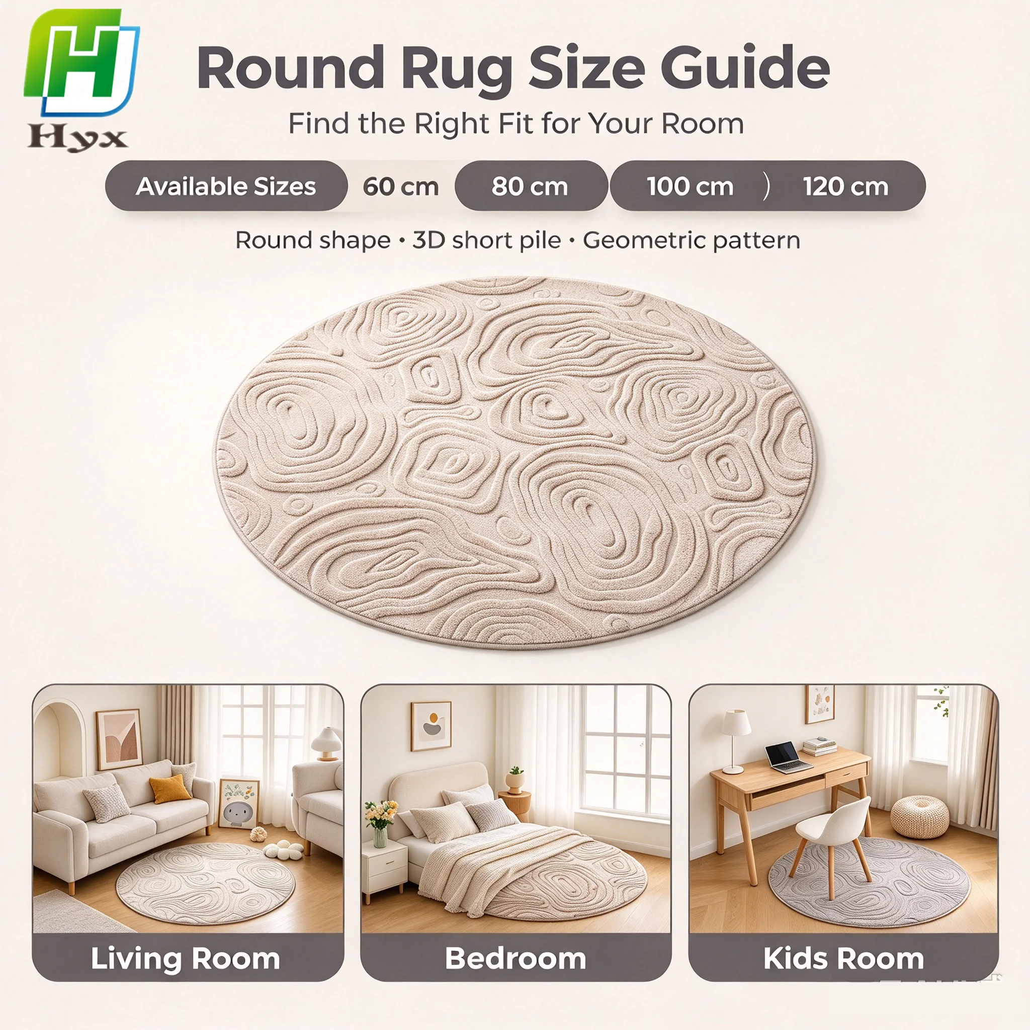 Embossed Short Pile Round Rug Non Slip Washable Circular Floor Mat,Home Decor Carpet Living Room Bedroom Kids Nursery 60-120cm