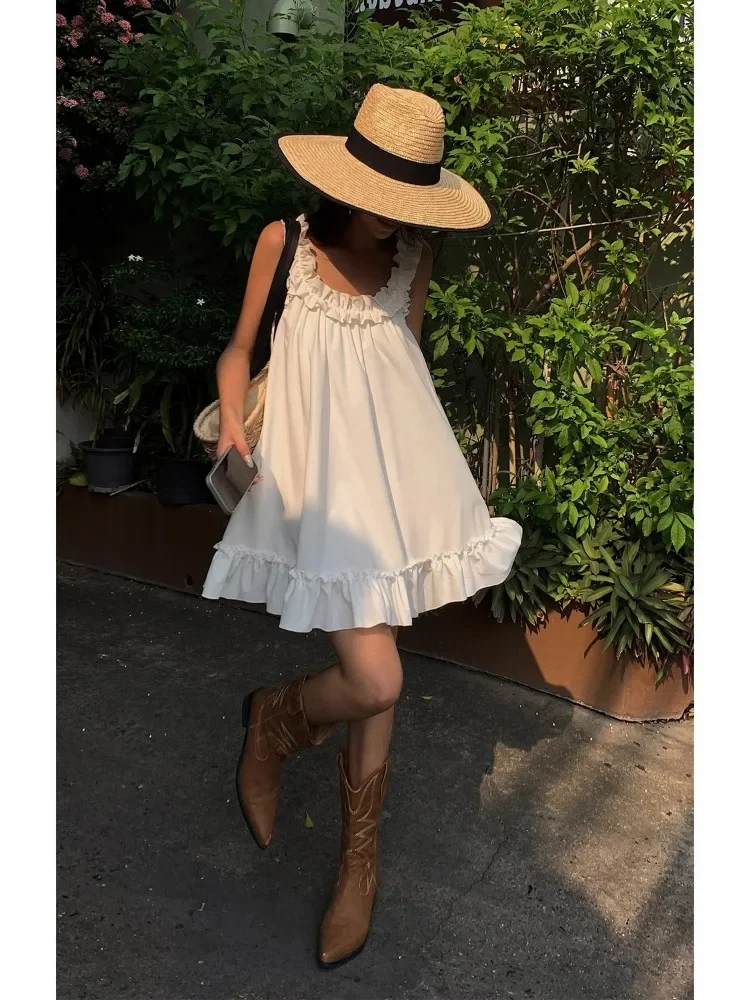 HOUZHOU Women Casual Sleeveless Ruffles Mini Dress White Boho Beach Sundress Cute Girl Home Dresses Loose Summer Dress Oversized