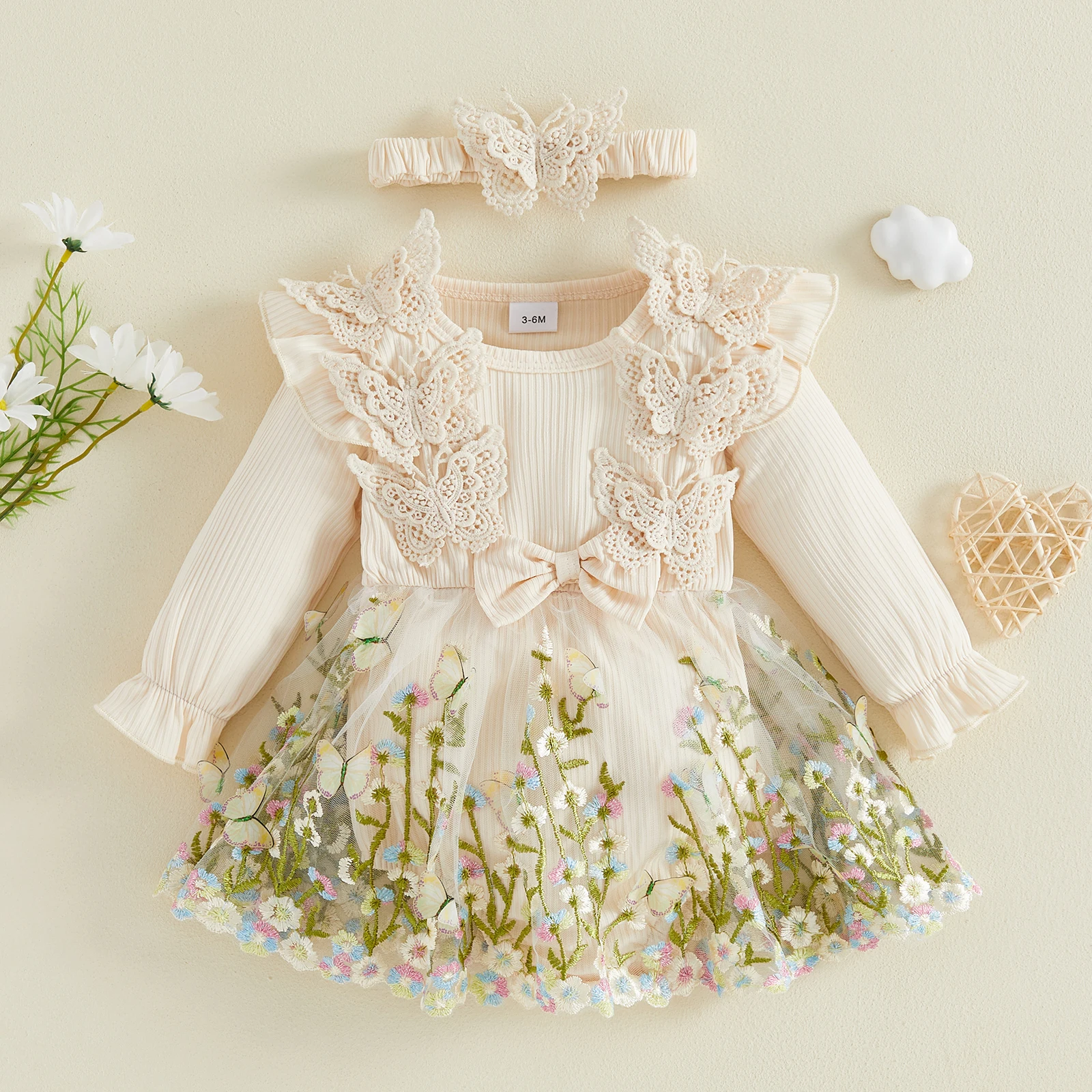 Baby Girl Romper Dress Flower Embroidery Layered Tulle Butterfly Decor Long Sleeve Infant Bodysuits Jumpsuits with Headband