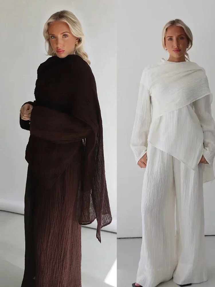 

Muslim 2 Piece Set Women Blouse Top With Wide Leg Pants Suit Morocco Musulman Ensemble Dubai Islam Casual Femme Arabic Outfits