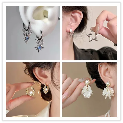 B*1Pair Silver Color Star Tassel Ear Buckle Y2K Jewelry Gift Blue Zircon Eight-Pointed Star Pendant Earrings For Women