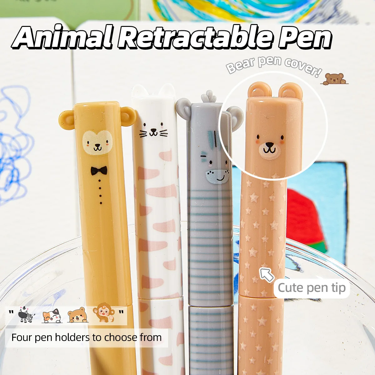 4pcs Zoo Animal Theme Erasable Gel Pens, Blue Ink with Eraser, Rotating Design, Smooth Writing for School, Office, Journals