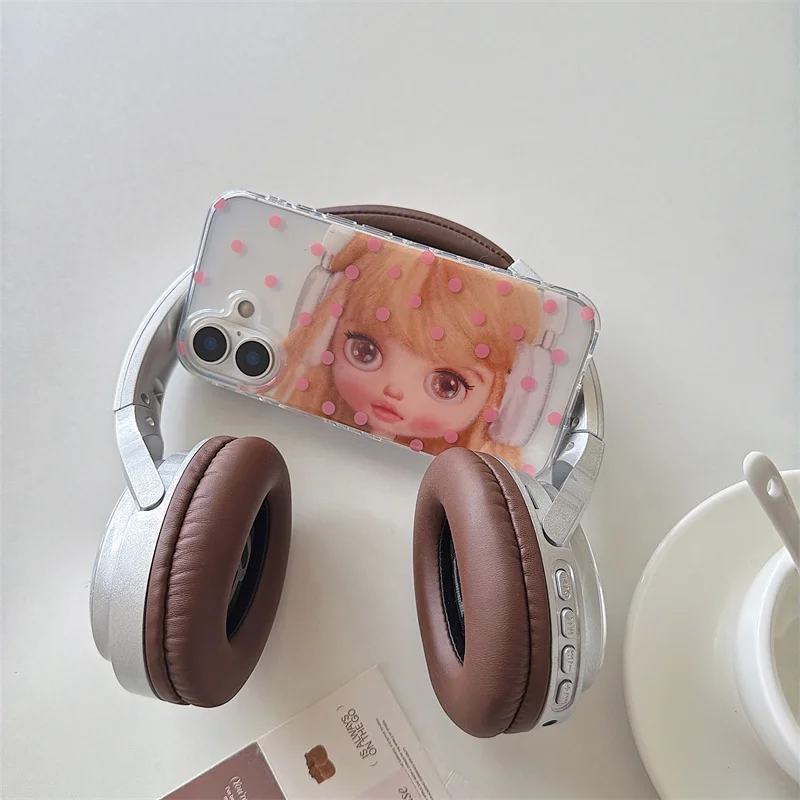 Cute Pink Polka Dot Doll Girl Clear Phone Case For iPhone 15 16 17 Pro Max With Frosted Pink Bead Wrist Lanyard Shockproof Cover