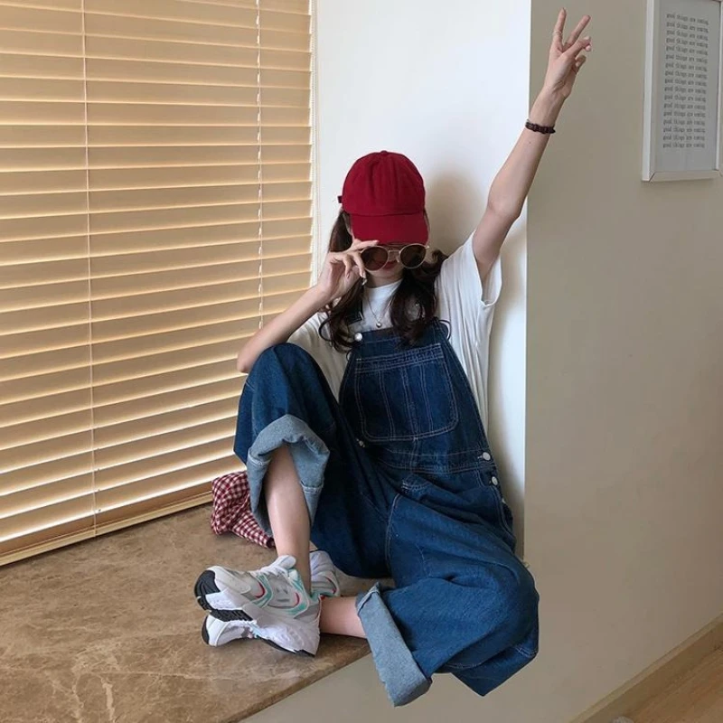 Women's Denim Overalls Korean Style Loose High Waist Wide Leg Straight Leg Jeans Slimming Spring 2026 Fashion Casual Jumpsuit