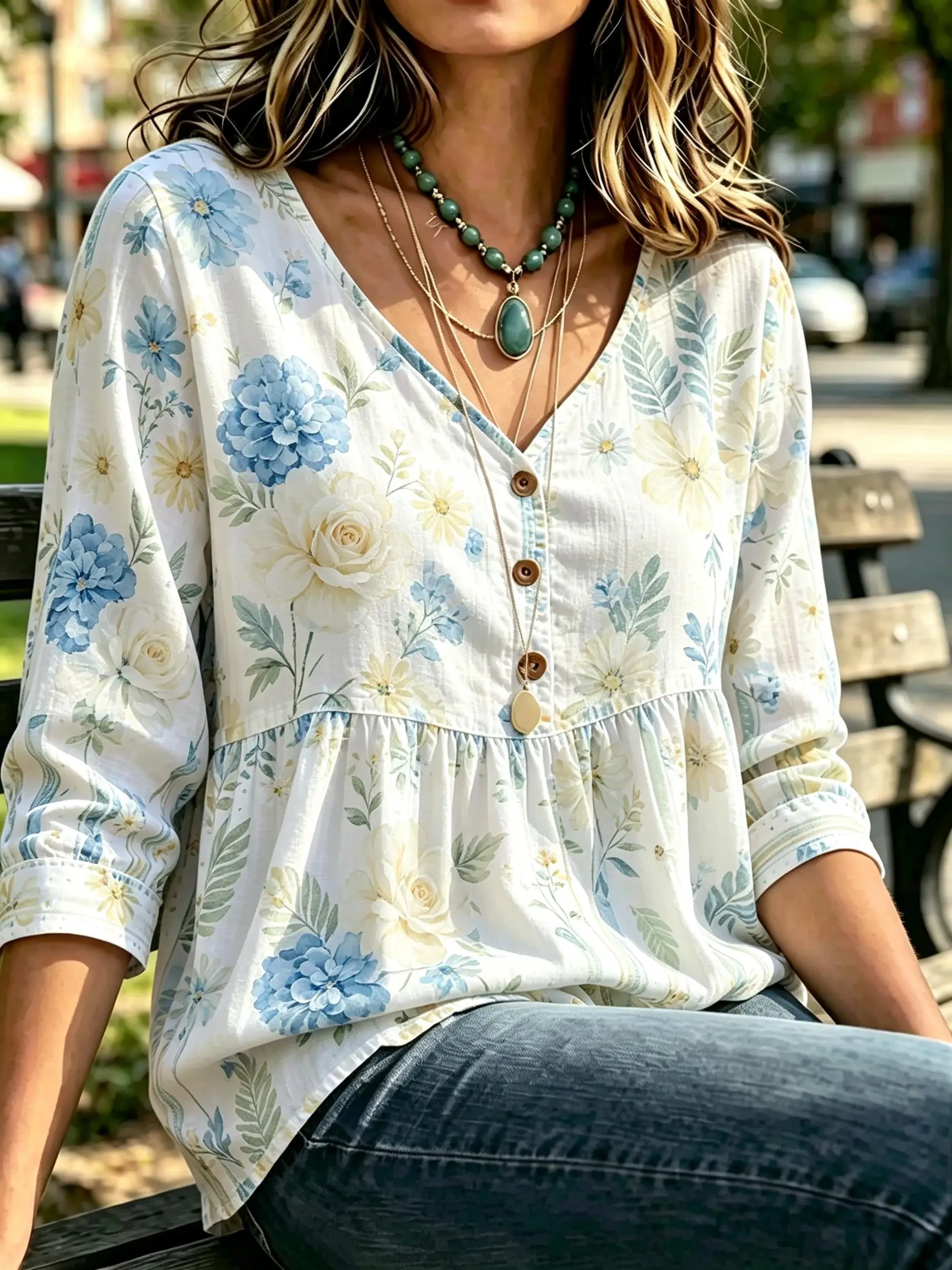 Women Loose Babydoll Tunic Top, Blue White Hydrangea Floral Print, V Neck Half Button 3/4 Sleeve Casual Daily Blouse