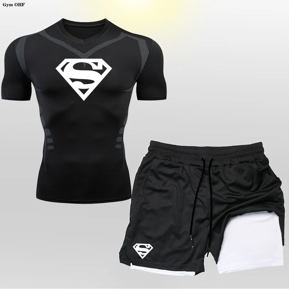 Super/Hero Men's Compression Shirts 2 in 1 Shorts Set Man Sportswear Fitness Gym Workout Rash Guard Kits Quick Dry Shirt Shorts