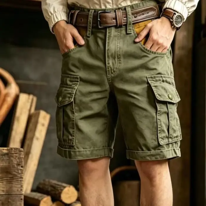 Men's Cotton Cargo Shorts Summer Loose Fit Multi Pocket Straight Leg Casual Five Point Pants Retro Workwear Style