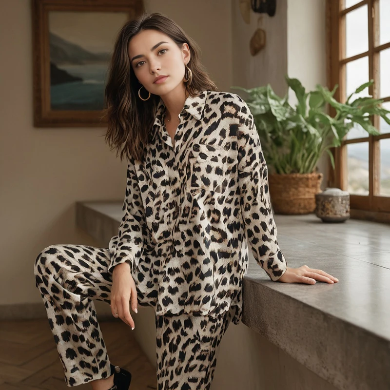 2024 Early Autumn Women's Leopard Print Nightwear Suit Long Sleeved Long Pants Pajamas Set High-End Turndown Collar Home Wear