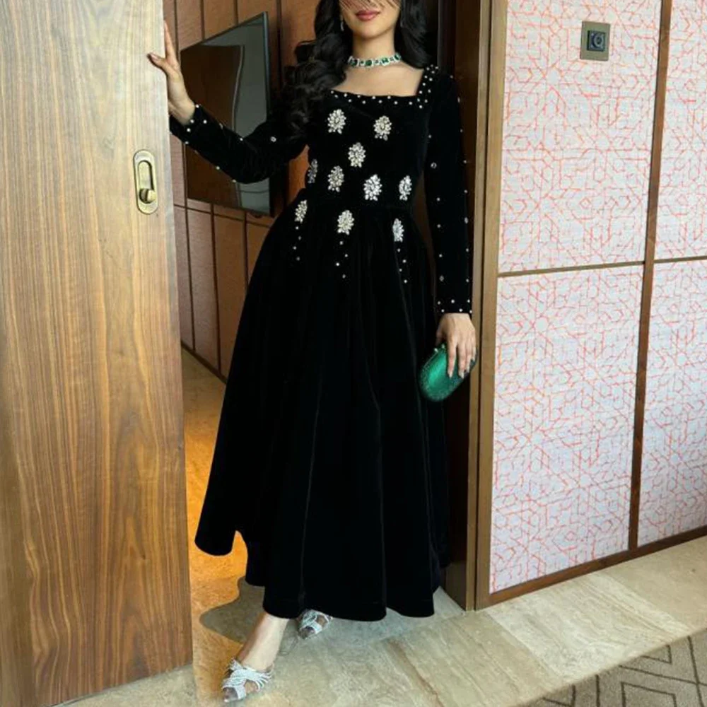 Black Velour Square Collar Evening Dress Long Sleeve A-Line Ankle Length with Beading and Crystal Women Customized Prom Gowns