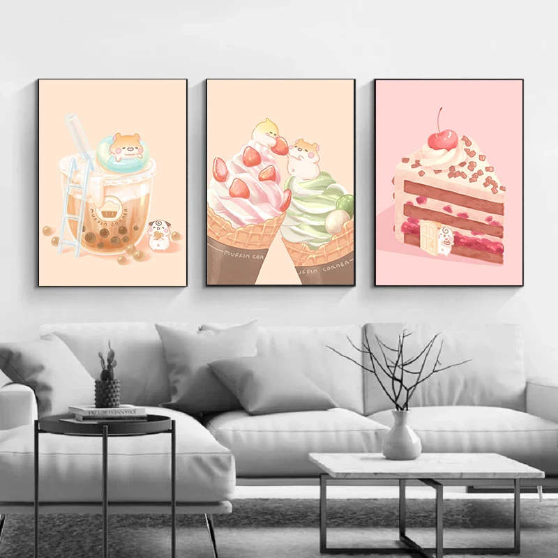 Cute Pink Candy Cake Ice Cream Muffin Milk Tea Art Posters Canvas Painting Wall Prints Picture Girl Room Dessert Shop Home Decor