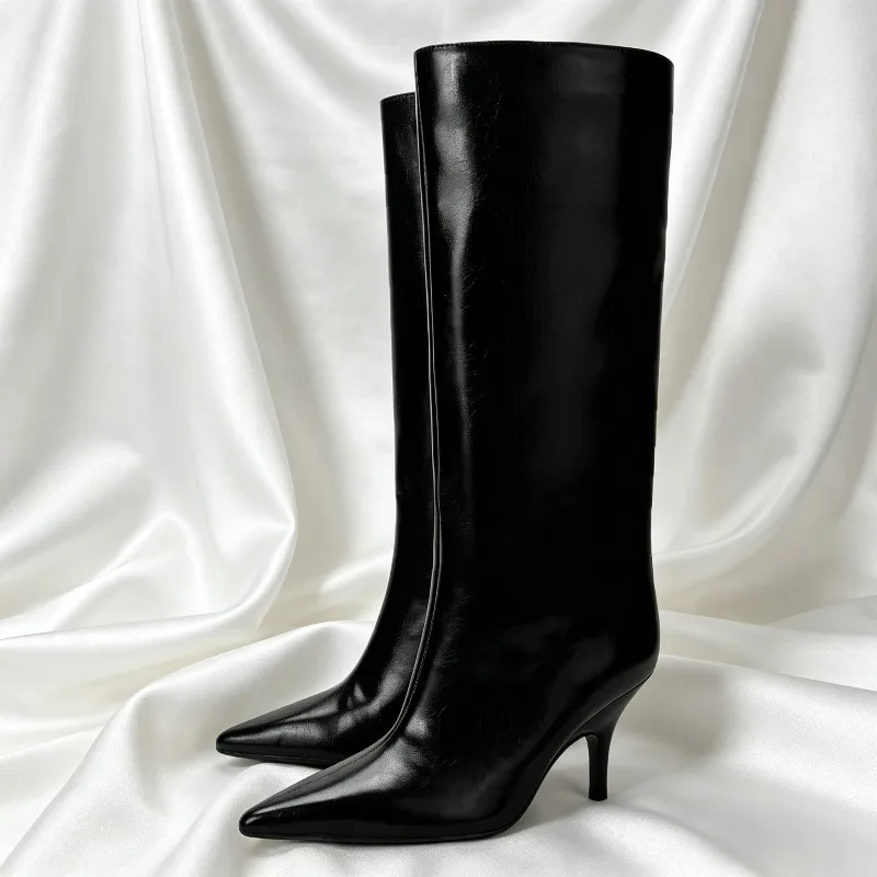 Black Pointy Toe Kitten Heel Knee Boots Women Fashion Pointy Toe Soft Leather Designer Boots Concise Comfort Outdoor Knight Boot