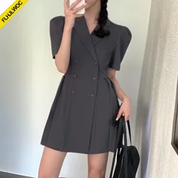 Hot New Design Korean Style High Street Womens Fashion Cute Elegant Office Lady Double Breasted Button Notched Mini Blazer Dress