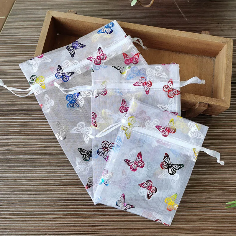 100pcs/lot 7*9cm 9*12cm 10*15cm Colorful Butterfly Organza Drawstring Bags For Jewelry Candy Cosmetic Packaging Bag Pouch