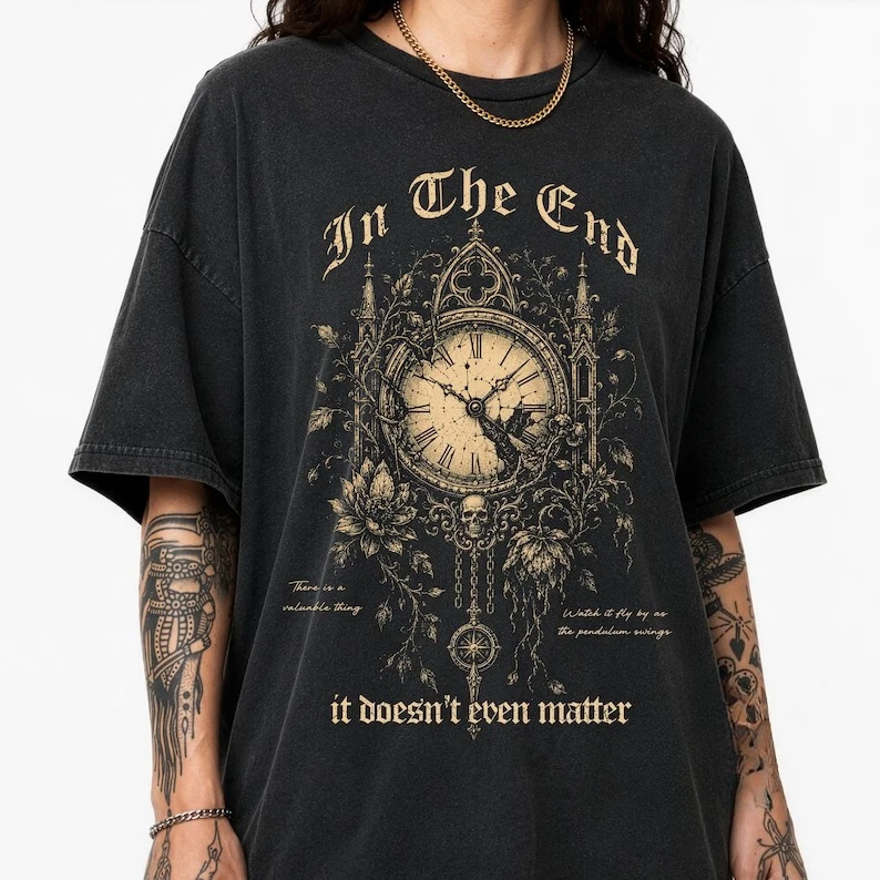 Vintage Clock Dark Botanical Gothic Graphic Tee Metal Rock Aesthetic T-shirt Grunge Punk T-shirt Men Women Harajuku Y2K Tops