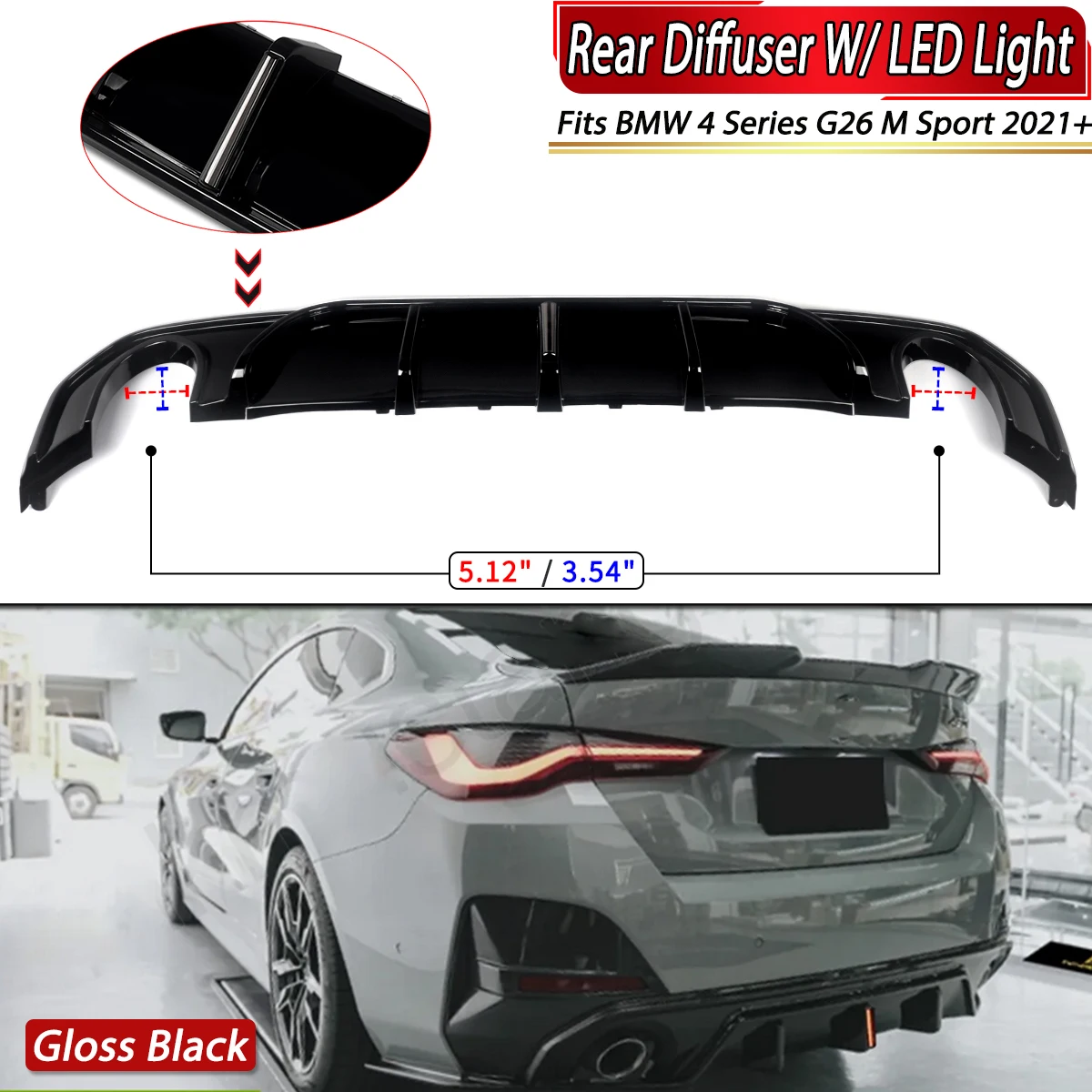 For BMW 420d 430i G26 M Sport F1 Style Glossy Black Rear Diffuser W/ LED Light