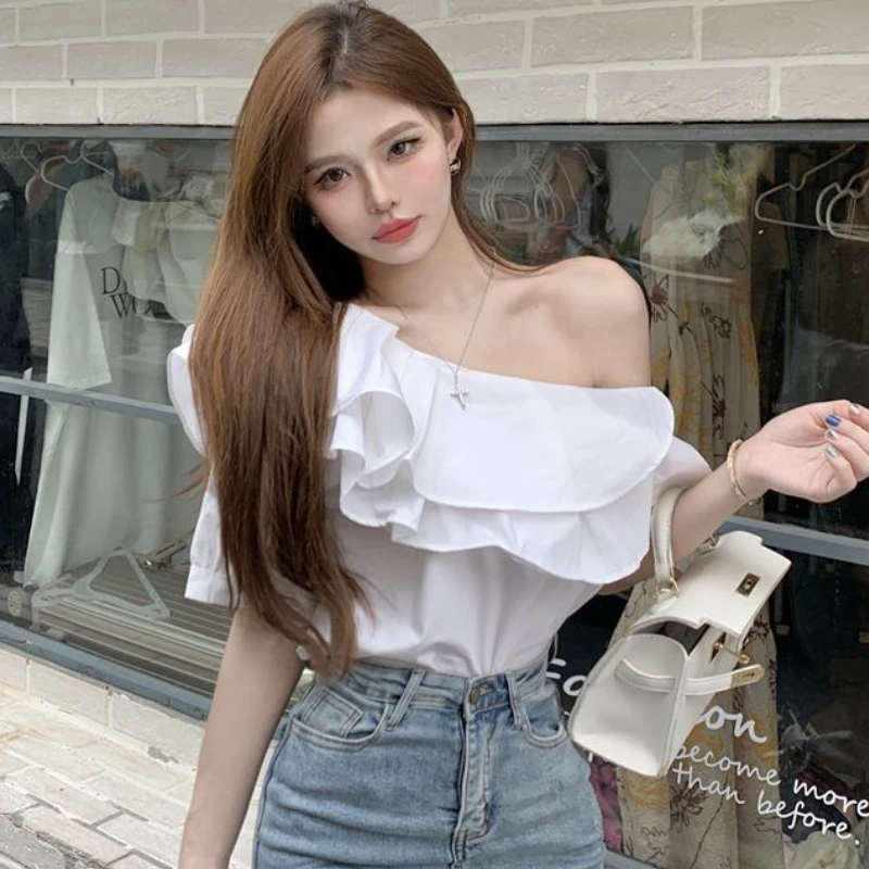 Blouses Women Temperament Casual Summer Ladylike Ruffles Design Streetwear New Korean Style Skew Collar Fashion All-match Solid