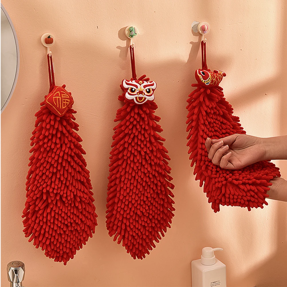 

Red Hanging Quick-Dry Hand Towel for Bathroom Kitchen Absorbent Breathable Soft Chenille Wipe Towel Hand Water Absorbent Towel,