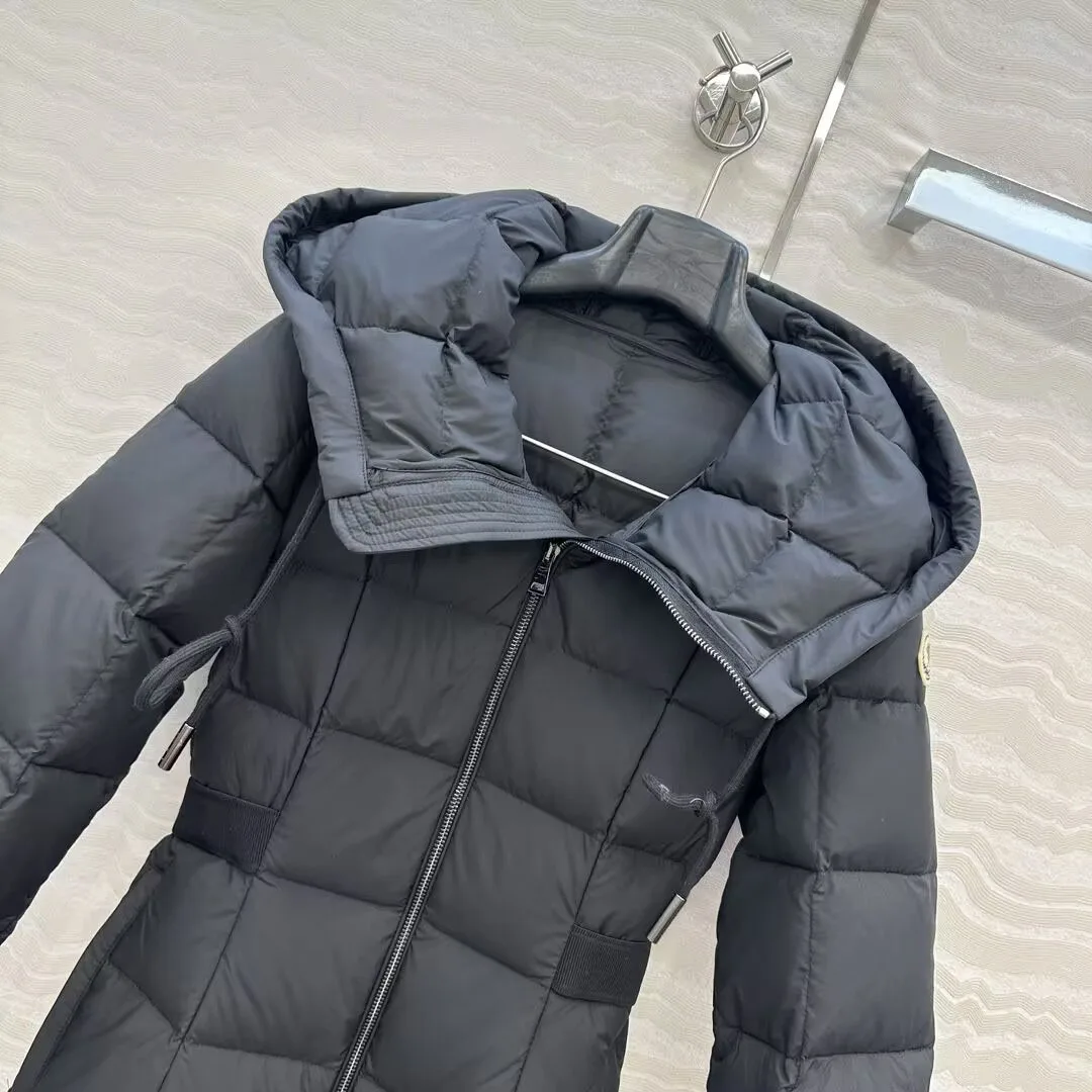2025 New Winter Fashion Thick White Goose Down A-line Long Coat Women Hooded Long Sleeve Quilted Square Pattern Slim Warm Jacket