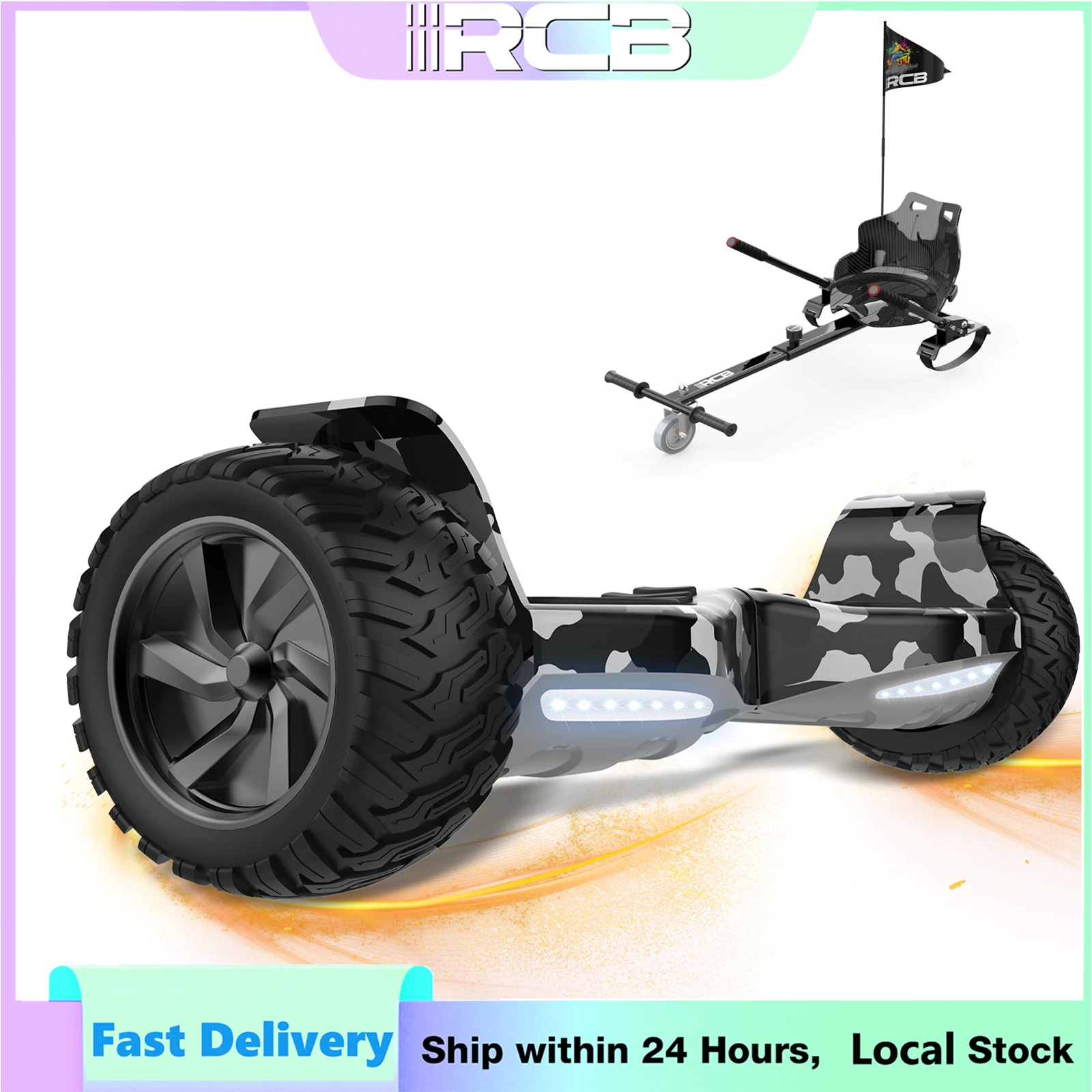 RCB Hoverkart + Hoverboard 8,5" Tout Terrain, Auto-équilibre, Bluetooth et LED, Idée Cadeau pour Enfants et Adultes