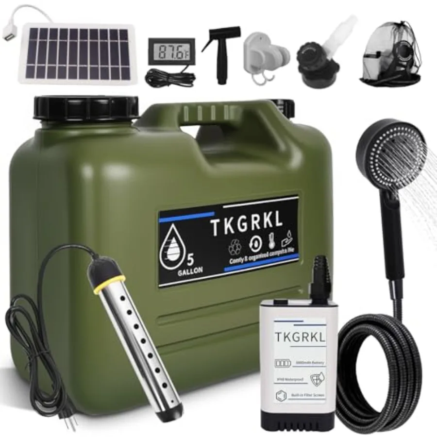 

Camping shower with heater and 5-gallon water jug, portable rechargeable shower with 6000mAh battery, 1500W immersion heater, a