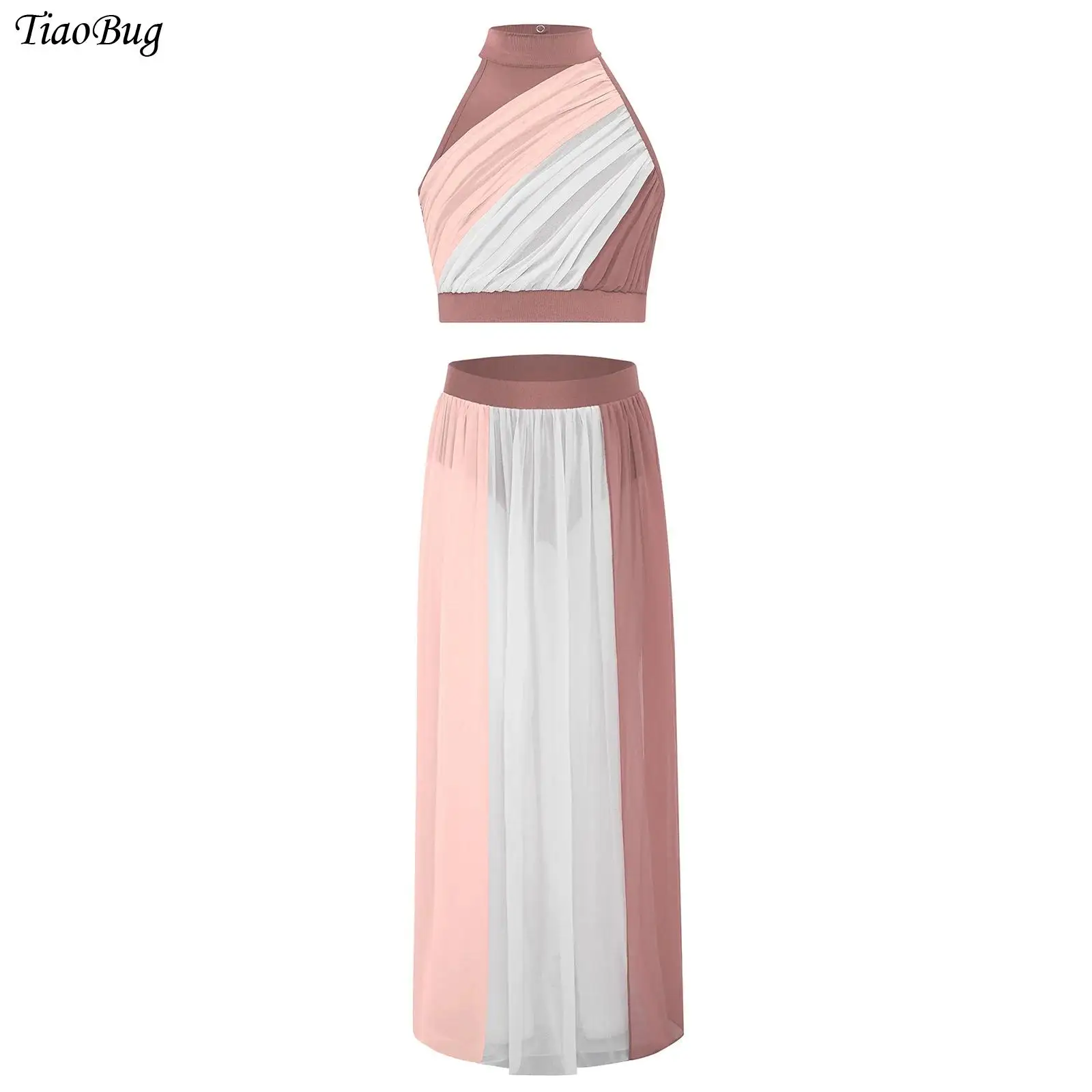 

Girls Ballet Lyrical Dance Set Modern Contemporary Costume Sleeveless Color Block Ruche Crop Top with Split Chiffon Skirt Outfit