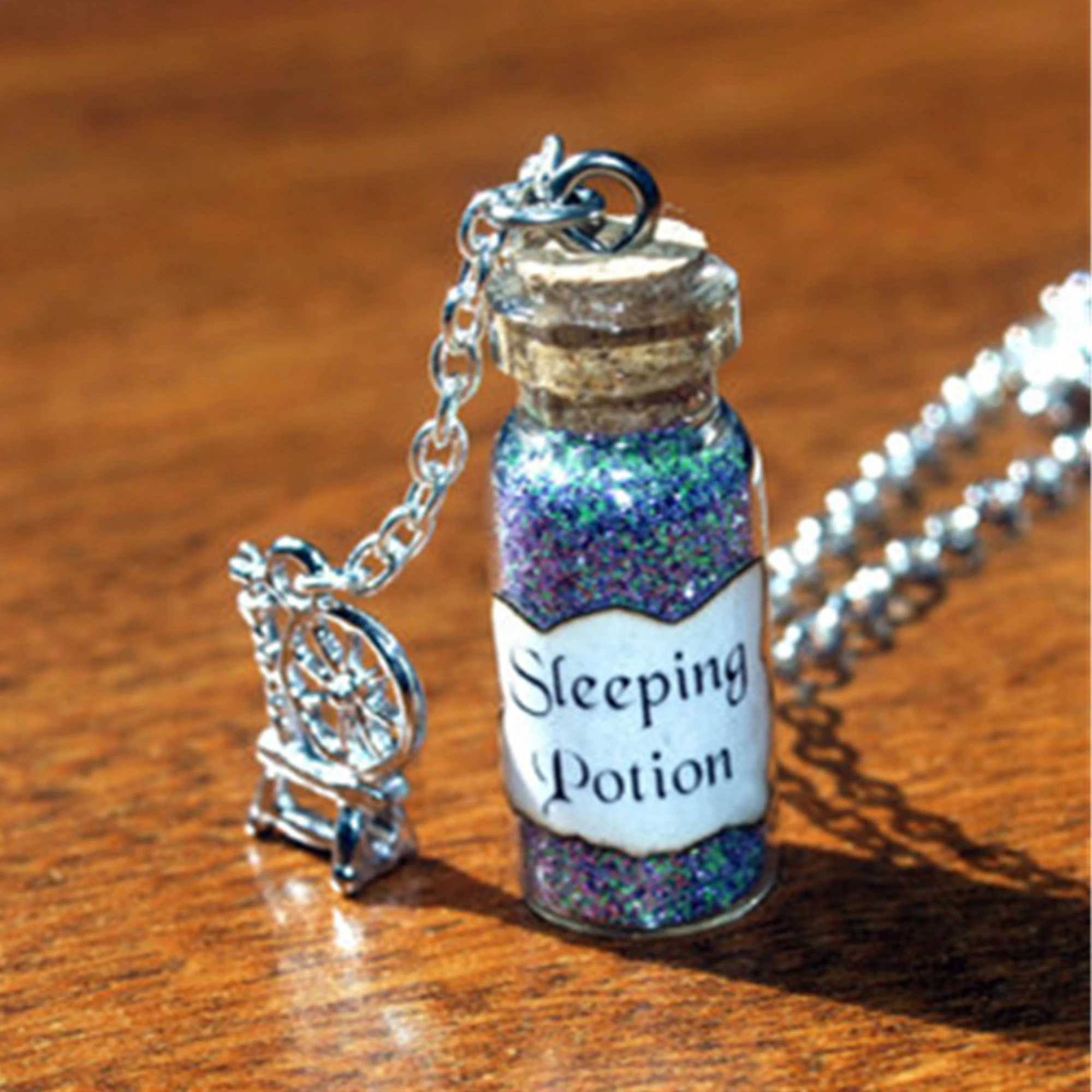 Sleeping Potion Necklace with Spinning Wheel Charm Sleeping Maleficent and Merryweather Fairy Jewelry