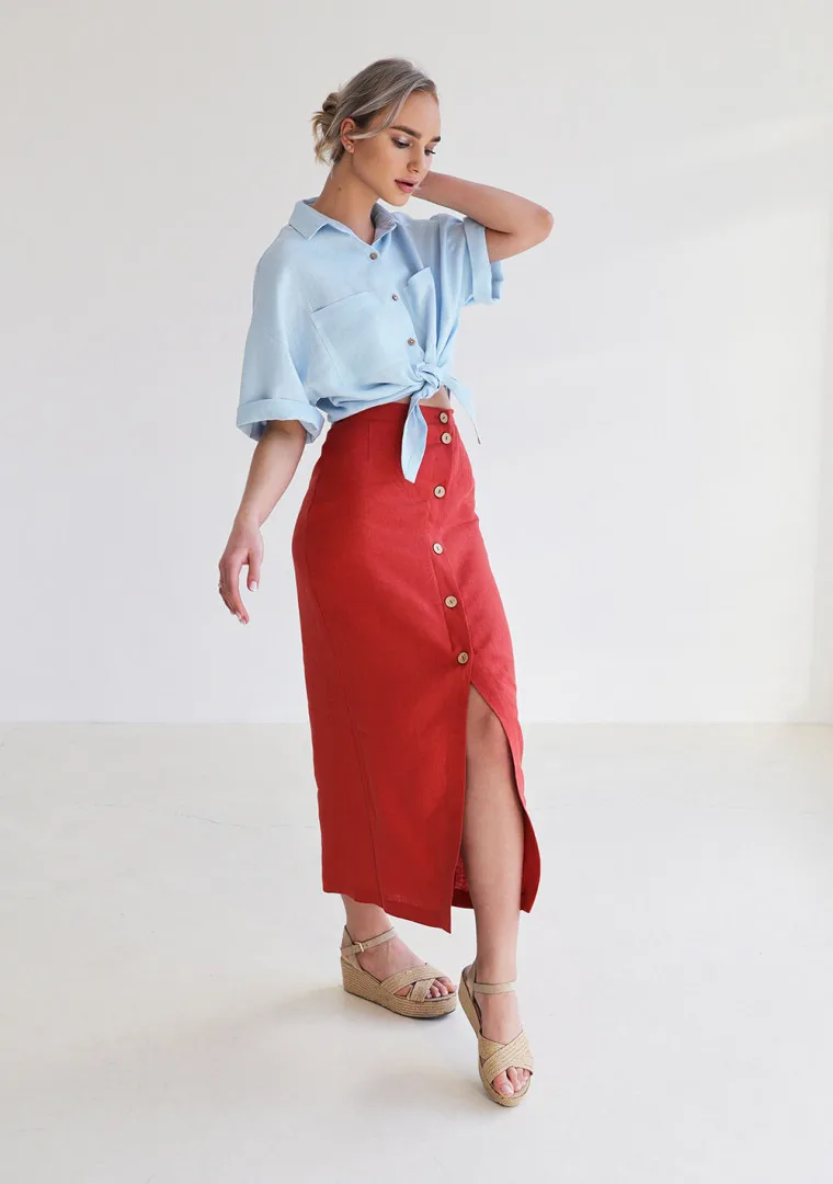 Wholesale Summer Women Daily Wear Casual Front High Slit Multi-button Design High Waist Red Linen Skirt