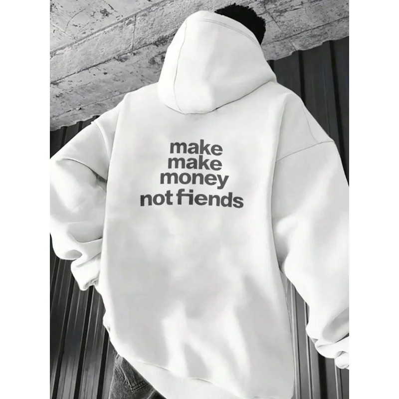 سويت شيرت رجالي بقلنسوة باللون الأسود Make Money Not Fiends بنمط مطبوع عالي الجودة من القطن كاجوال ملابس الشارع للرجال