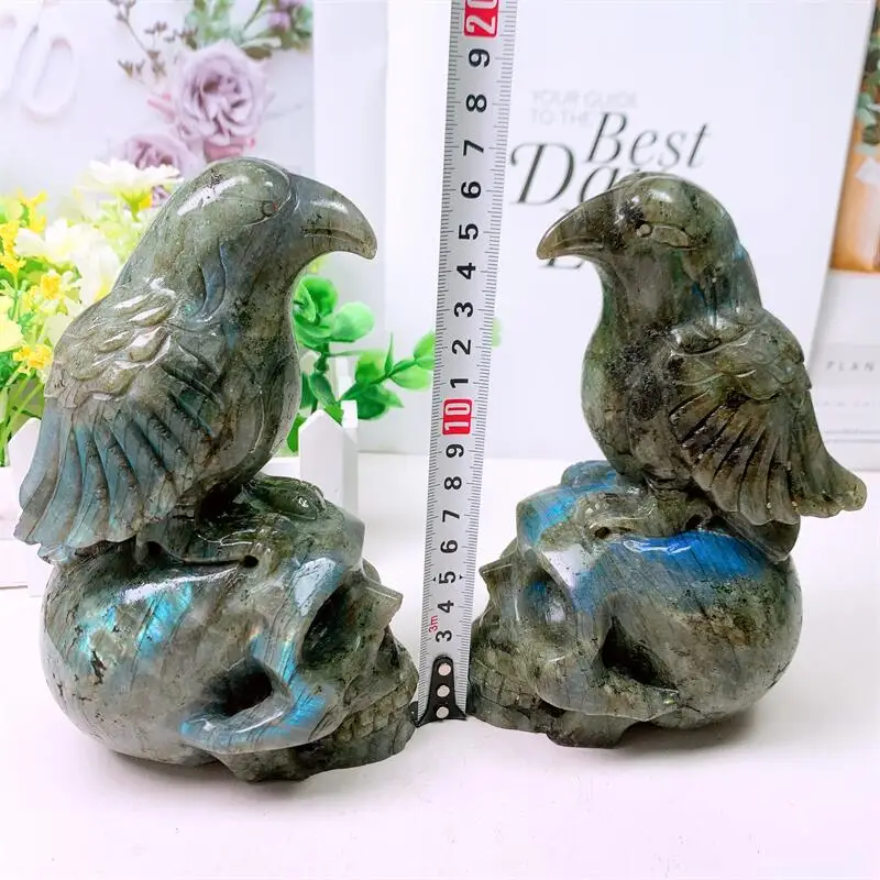 17CM Natural Labradorite Crow With Skull Carving Polished Animal Healing Fengshui Statue For Home Decoration Gift 1PCS