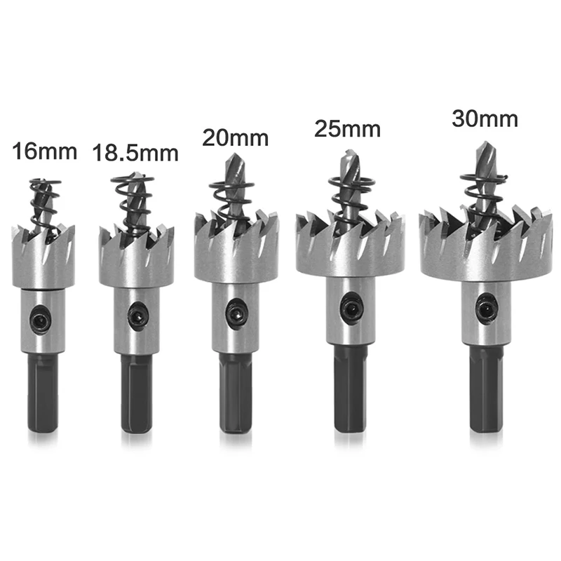 Jeu de scies cloche à pointe en carbure HSS, acier inoxydable, alliage métallique, poinçon, outils de travail de calcul de trous, 5 pièces, 16/18mm, 20mm, 25mm, 30mm