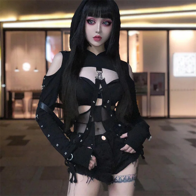 Women\'s Gothic Eyelet Patchwork Short Hoodie Hole Pullover Strappy Metal Hole Black Dropshipping