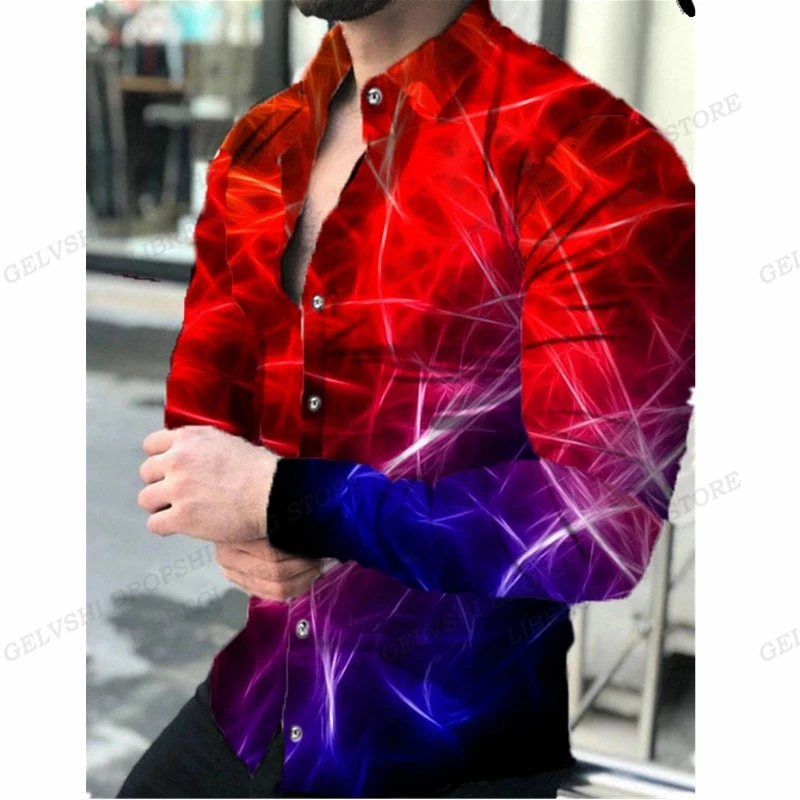 Camisa estampada geométrica masculina e feminina, de manga comprida, lapela 3D, moda casual, verão