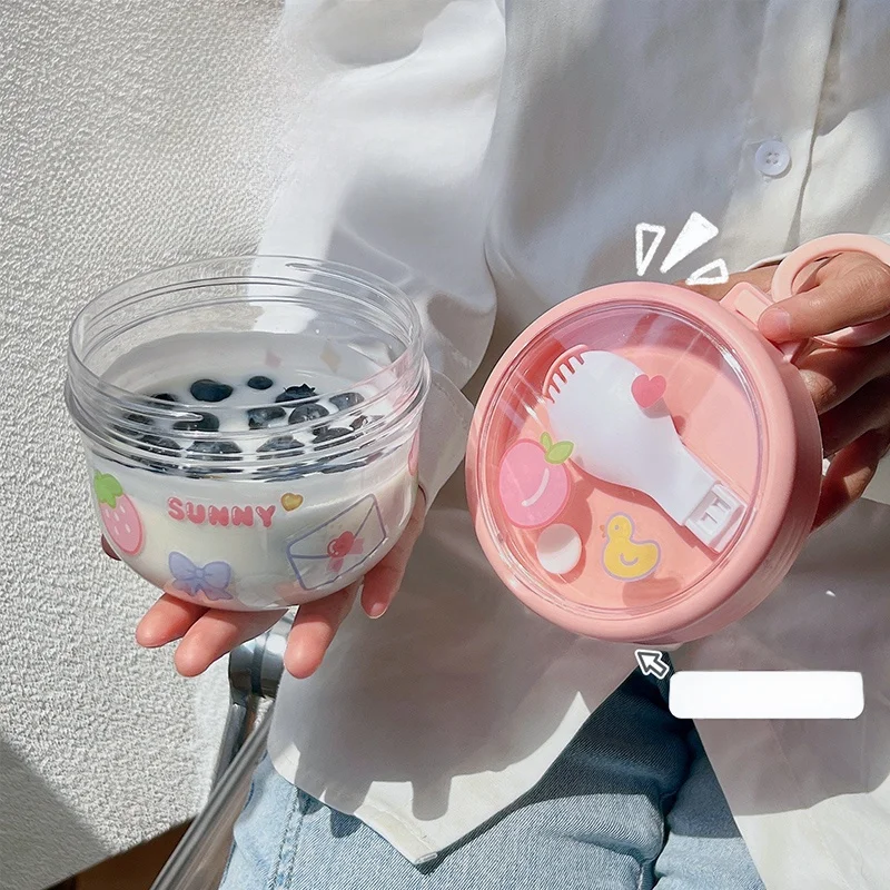 

Breakfast Cup Overnight Oats Portable Carry-On with Spoon Yogurt Cup Milk Tea Cup Plastic Material Japanese Sle Soup Bowl