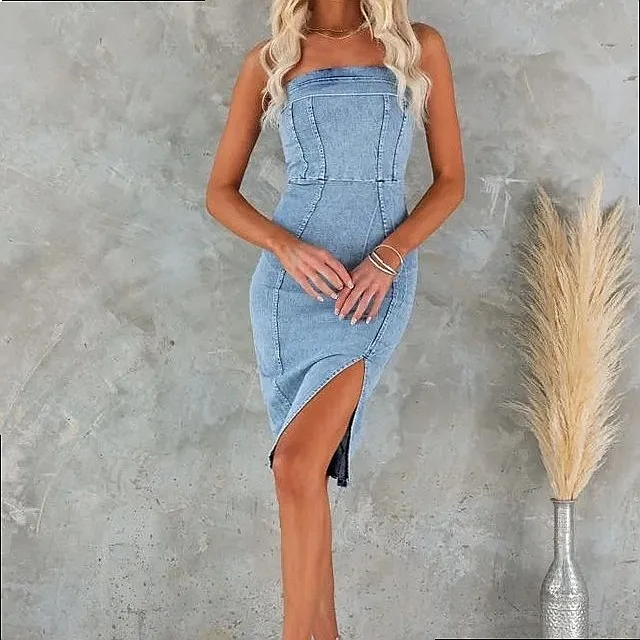 Sexy Denim Bodycon Dress Tube Top Fitted Dresses Spliced Spring Summer