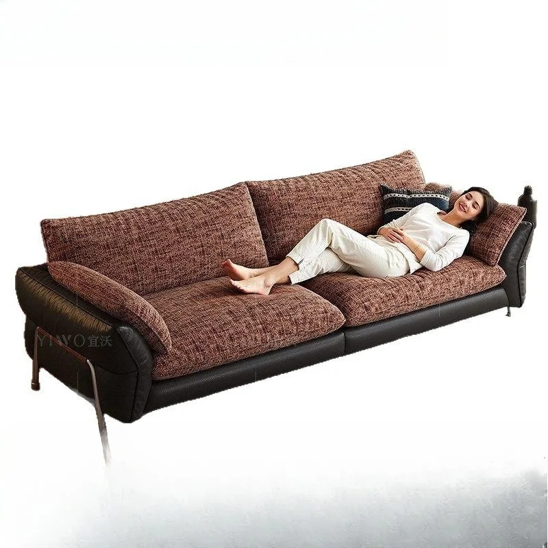 French retro style high-footed leather removable and washable flow shadow leather cloth sofa, straight row in the living room