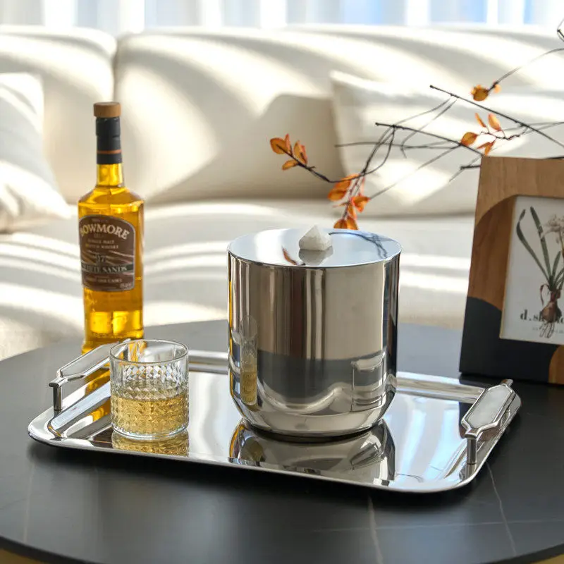 Indian barware silver shiny rectangular tray wine barrel ice bucket color shell cow bone corkscrew barware set ornament