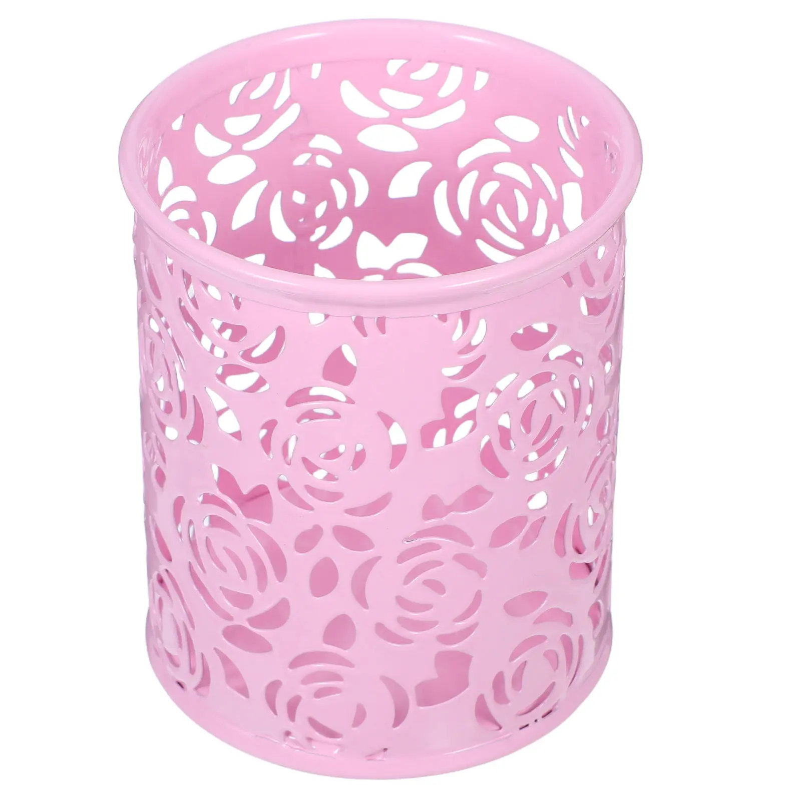 Metal Hollow Rose Flower Pen Holder Pink Pencil Container Pencil Organizer Portable Desk Decoration Pen Container