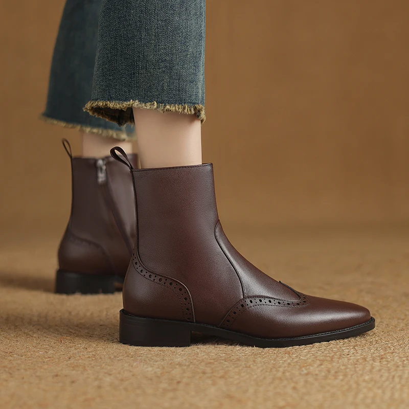 2024 Autumn/winter Women Shoes Genuine Leather Western Boots Women Shoes Round Toe Chunky Heel Chelsea Boots Retro Ankle Boots