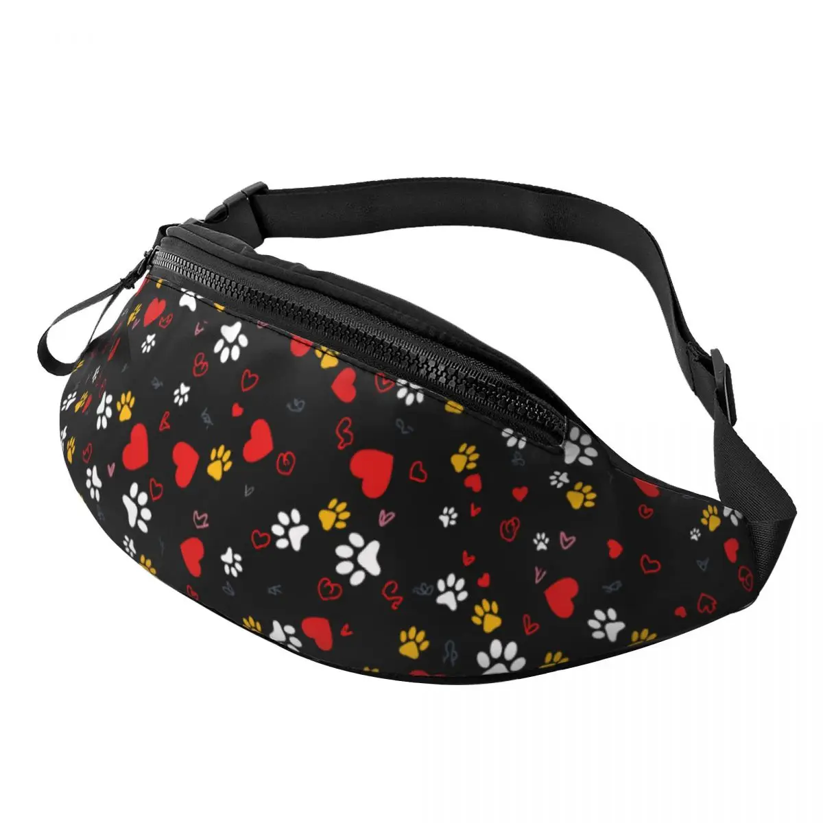 Custom Whimsical Dog Paw And Heart Fanny Pack Women Men Custom Crossbody Waist Bag for Traveling Phone Money Pouch