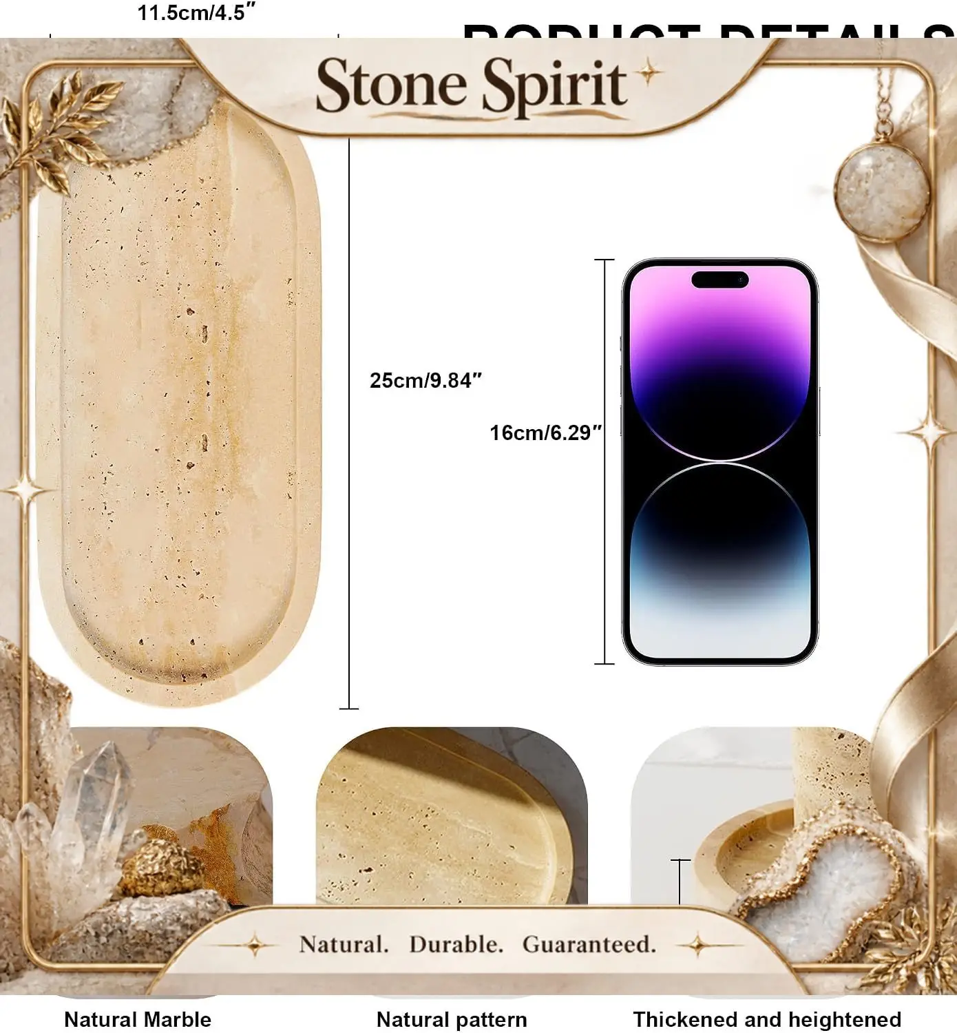 Natural Travertine Vanity Tray Waterproof Italy Marble Bathroom Organizer for Perfume, Candles & Jewelry Non-Slip Oval Storage