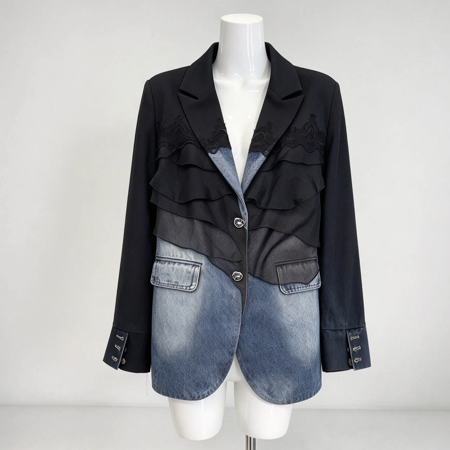 SuperAen Retro Patchwork Denim Blazer for Women Lace Ruffles Contrasting Colors Loose Design Office Lady Coats