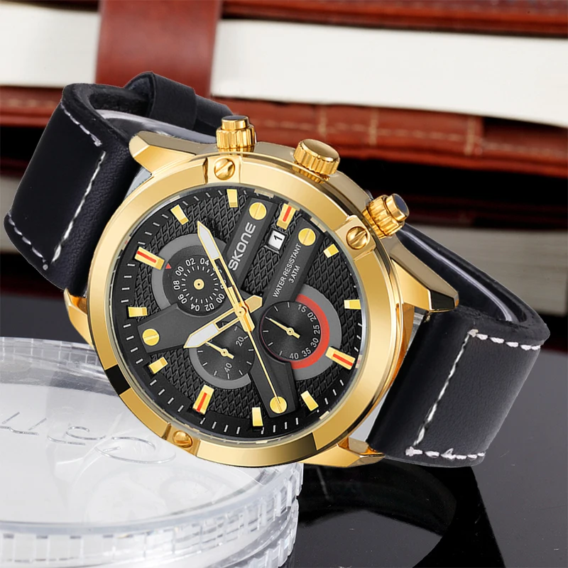SKONE European and American fashion trend fine steel strip large dial men's multifunctional waterproof quartz light luxury watch