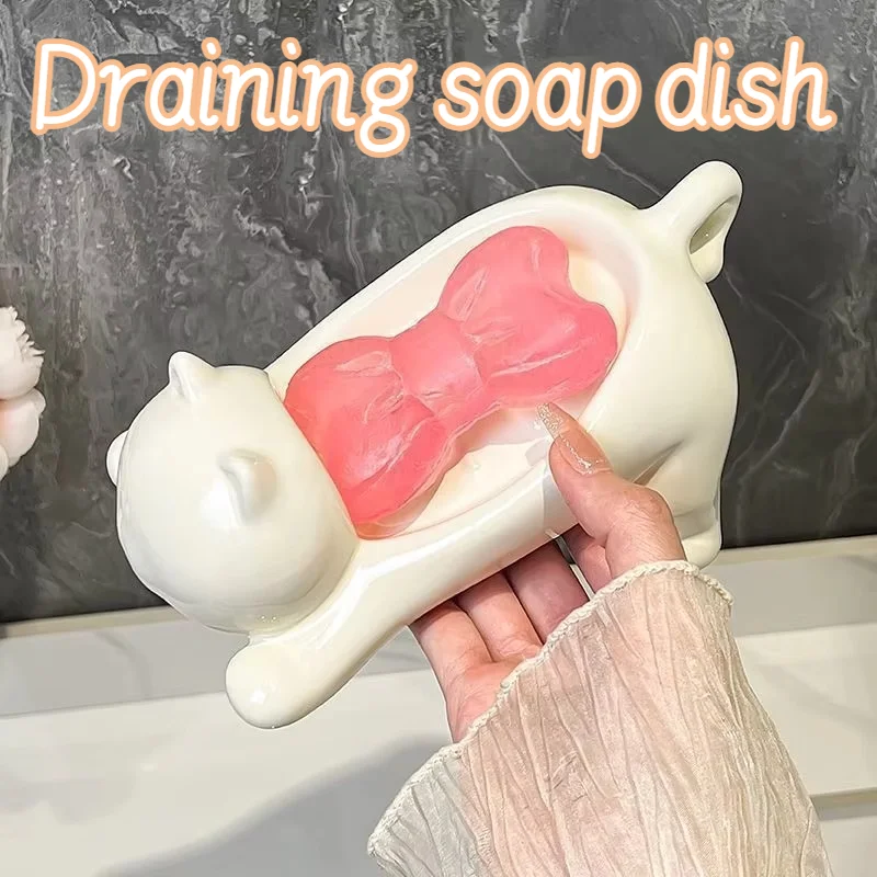 Cute Cat Drain Soap Holder Container Smooth Plastic Toilet Soap Dish Case Tray Bathroom Accessories Washroom Tools Home Decor