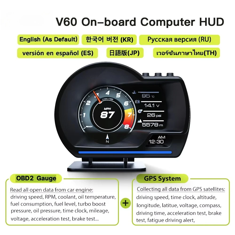 V60 Original HUD Heads up Display Digital GPS Speedometer Smart Car OBD Gauge Diagnostic Tools Hot Vehicle Electronics