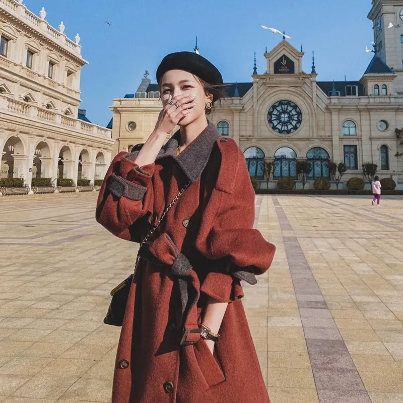 

Woolen Coat Women's Mid Length 2023 Winter New Hepburn Style Korean Version Loose and Thick Red Woolen Coat Female Clothing