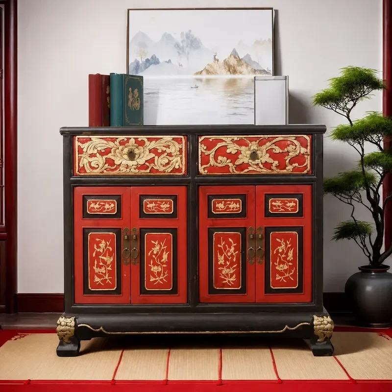 Retro Nostalgic Gold Painted Red and Black Bookcase Storage Cabinet Ming Qing Classical Antique Furniture Old Tea Cabinet