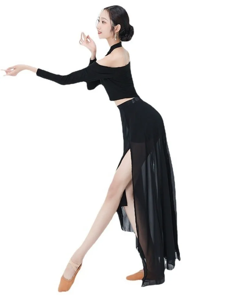 ホルターネック ホルター バックレス 長袖トップ シフォン スプリット スカート バレエ ダンス ステージ衣装 女性 女の子 パフォーマンスウェア